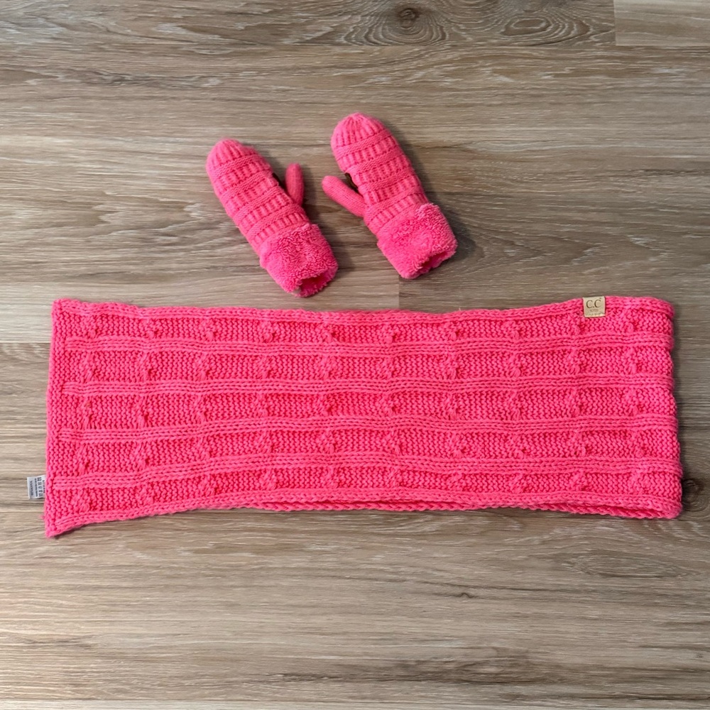 CC Kids | Cozy Pink Knit Infinity Scarf and Mittens Set for Kids